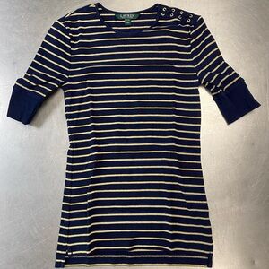 Lauren Ralph Lauren Women's Size PXS Navy Blue x Gold Border Striped Stretch Top